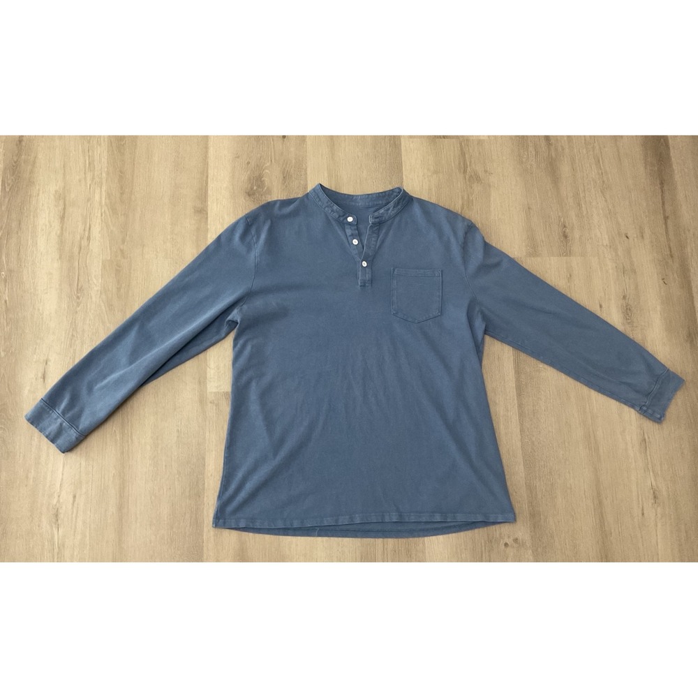 Ouku Mens XL Blue Long Sleeve Henley Shirt Cotton Band Collar Pocket Casual